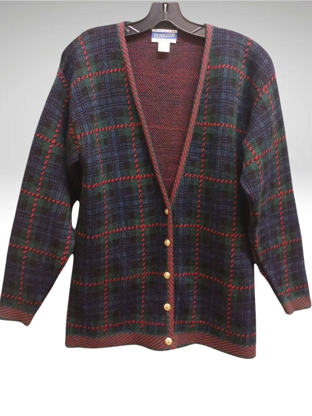 Pendleton Multicolor Plaid Wool Cardigan - Navy, Green, Red